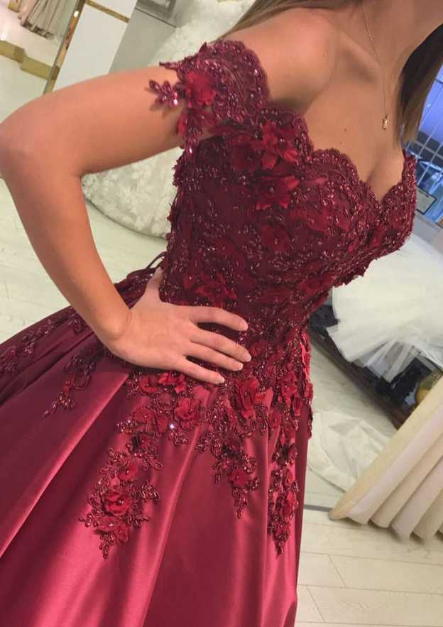 Appliqued Off-The-Shoulder Satin Princess Prom Dress With Beads