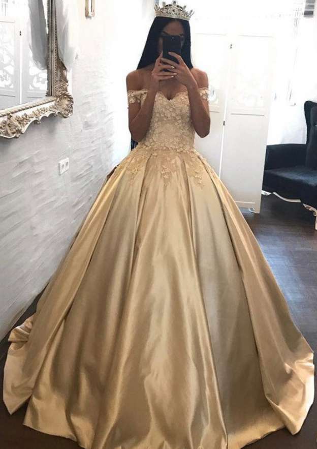 Satin Prom Dress A-Line/Princess Off-The-Shoulder Long/Floor-Length With Appliqued