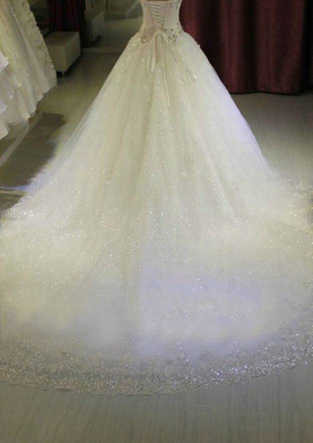 Lace Wedding Dress A-Line/Princess Strapless Chapel Train With Beaded