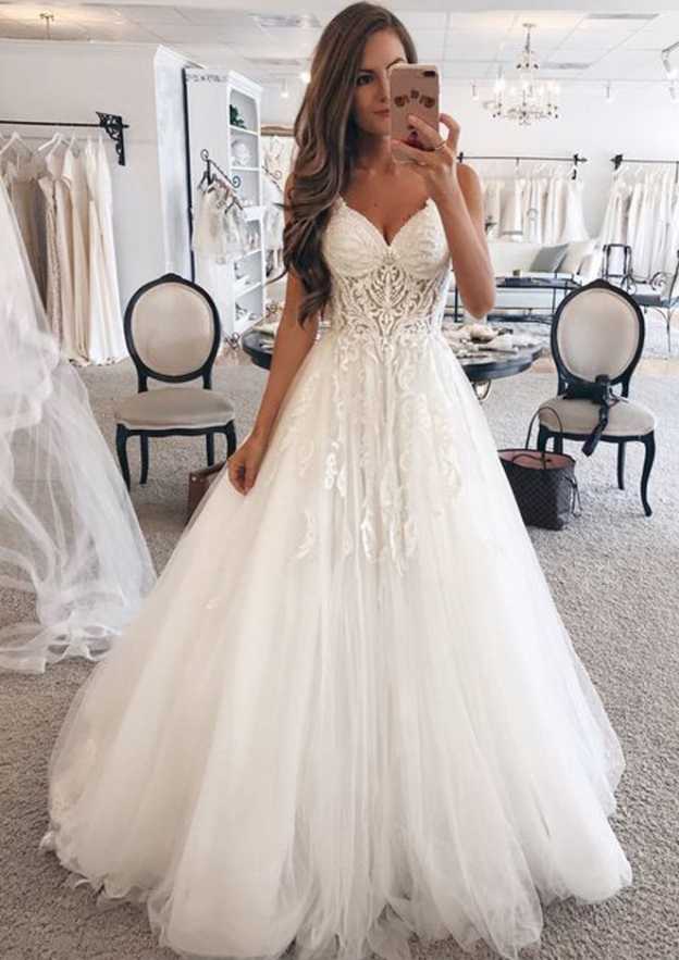 a line princess sweetheart sleeveless floor length applique tulle dresses Sleeveless Sweetheart Long/Floor-Length A-line/Princess Tulle Wedding Dress  With Appliqued - Wedding Dresses