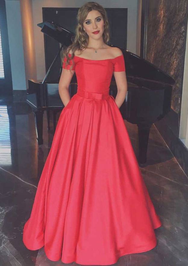Satin Prom Dress A-Line/Princess Off-The-Shoulder Long/Floor-Length With Waistband