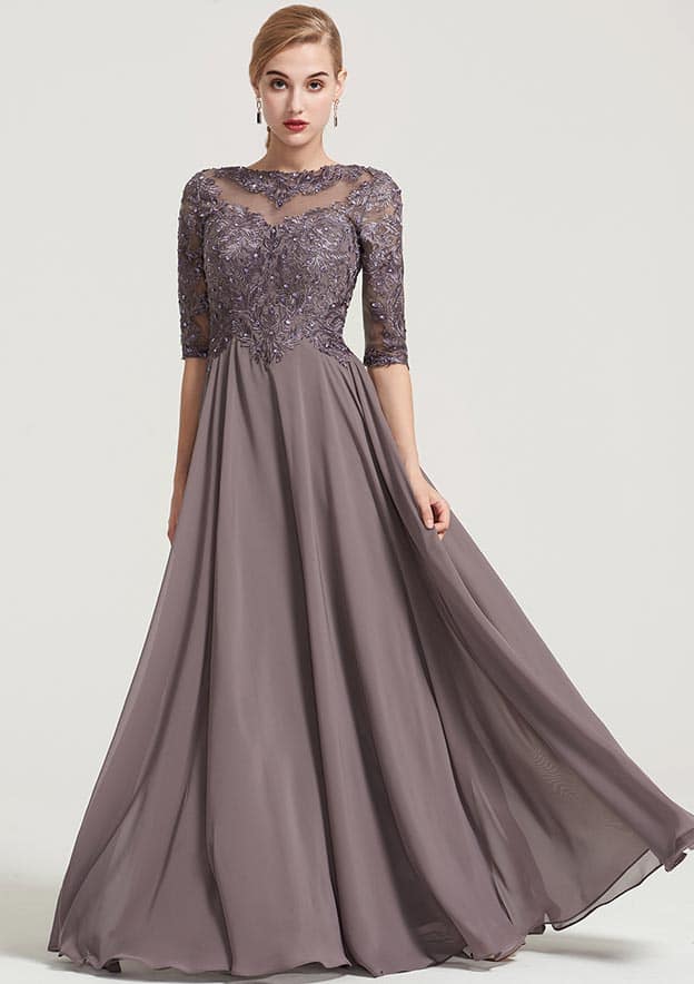 A-line/Princess Bateau Half Sleeve Long/Floor-Length Chiffon Dress With Beading Appliqued