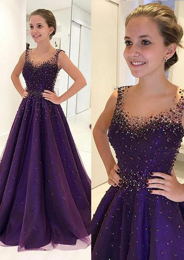Orchid A-line/Princess Scalloped Neck Sleeveless Long/Floor-Length Tulle Prom Dress With Crystal - STACEES