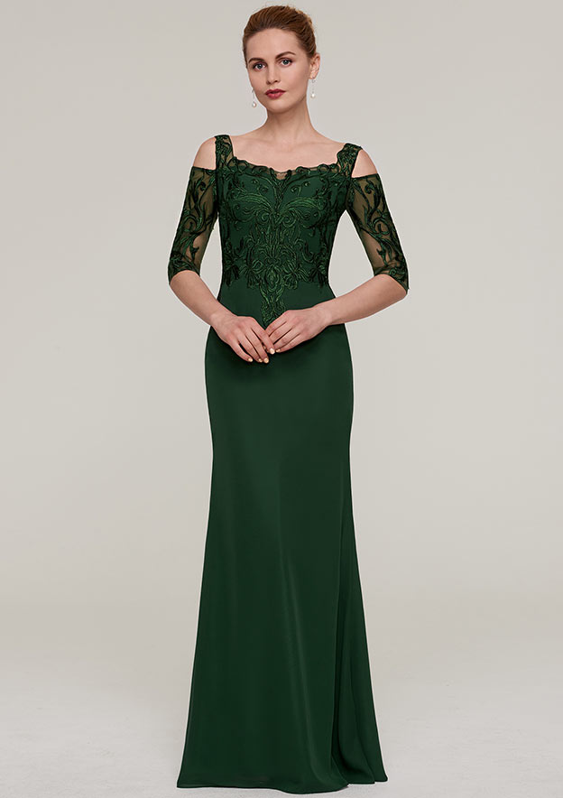Sheath/Column Square Neckline Half Sleeve Long/Floor-Length Chiffon Mother of the Bride Dresses With Appliqued