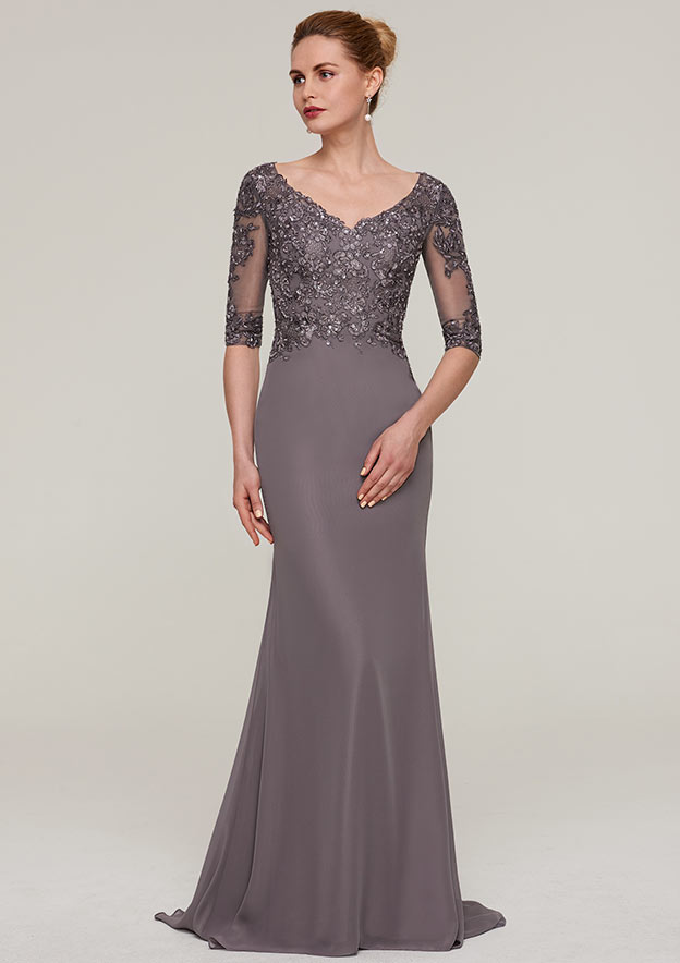 Sheath/Column V Neck Half Sleeve Sweep Train Chiffon Evening Dress With Appliqued Beading