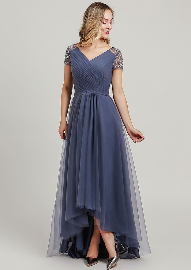 asymmetrical mother of the groom dresses A-Line/Princess V-Neck Short Sleeves Asymmetrical Mother Of The Bride Dresses with Sequins