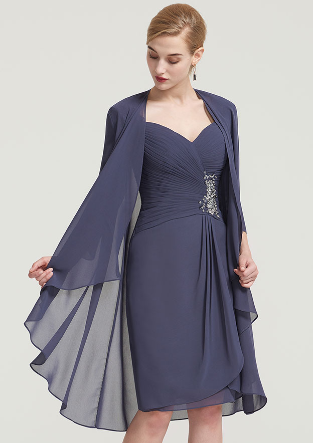Sheath/Column Scalloped Neck 3/4 Sleeve Knee-Length Chiffon Mother of the Bride Dress With Pleated Beading Appliqued