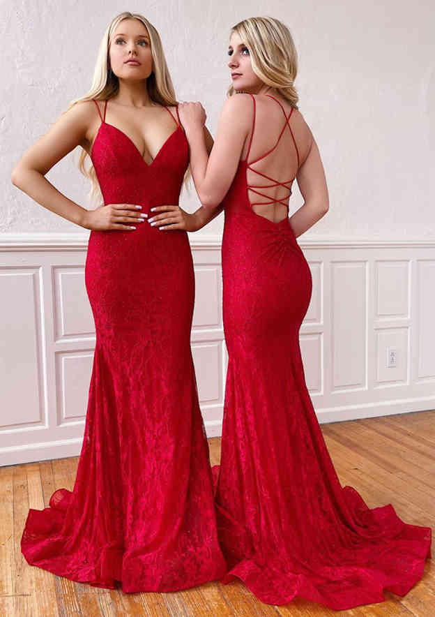Trumpet/Mermaid Sleeveless Sweep Train Lace Prom Dress With Pleated