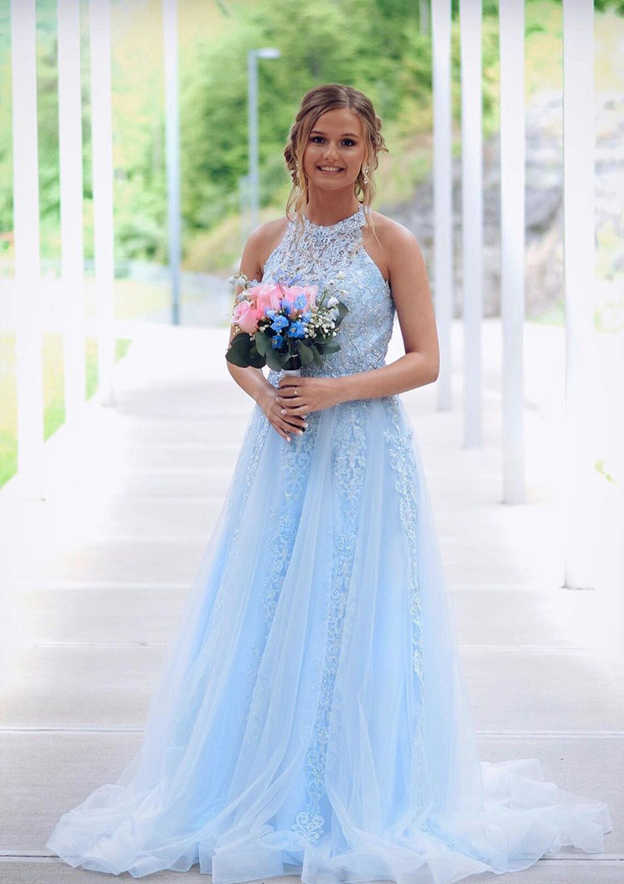 Princess Halter Sweep Train Lace Tulle Prom Dress With Beading