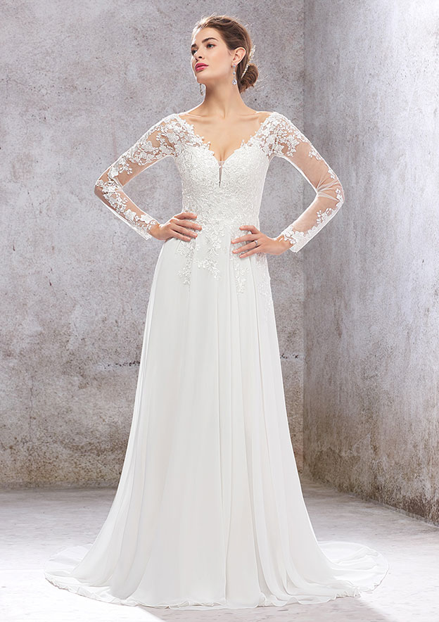 A-line V Neck Full/Long Sleeve Lace Chiffon Court Train Wedding Dress With Sequins