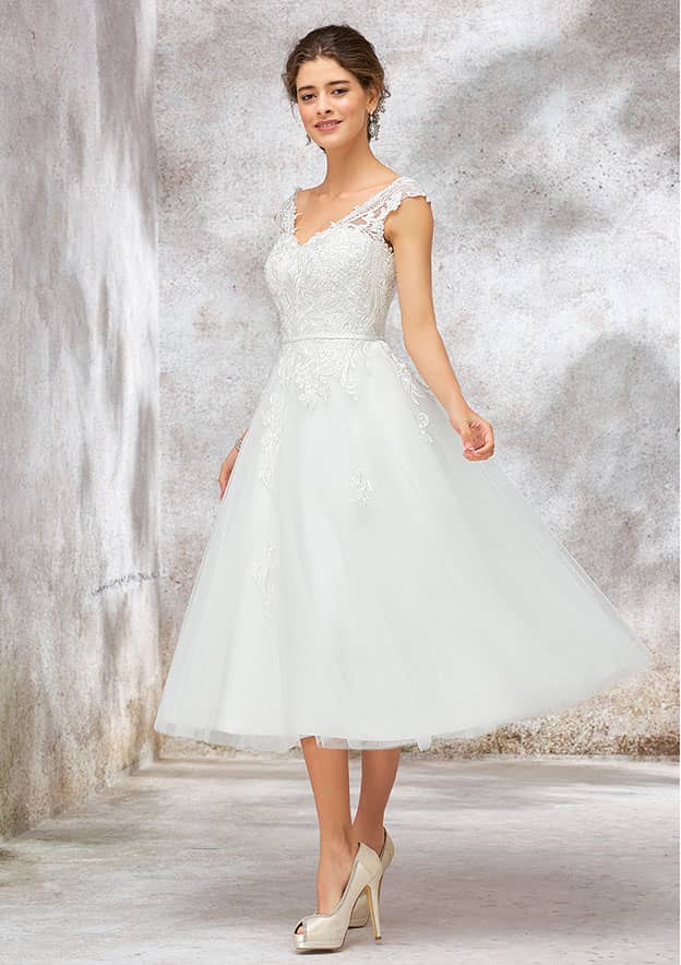 A-line V Neck Sleeveless Tea-Length Lace Tulle Wedding Dress With Waistband