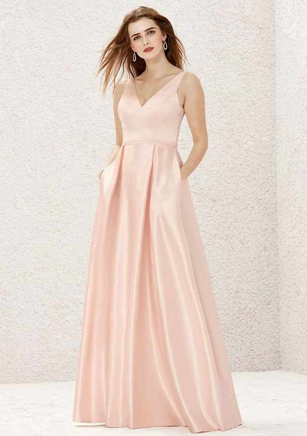 A-line V Neck Sleeveless Long/Floor-Length Satin Bridesmaid Dress With Pleated Pockets