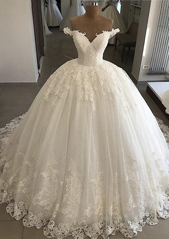 Lace Wedding Dress Ball Gown Off-the-Shoulder Sleeveless Court Train With Appliqued