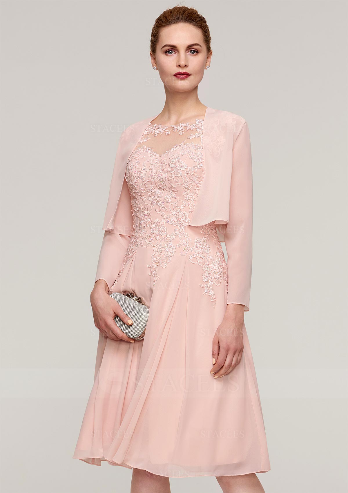pink mother of the bride dresses knee length 2 Pieces Sheath/Column Scoop Chiffon Mother of the Bride Dresses with Jacket Lace Knee-Length 3/4 Sleeves Candy Pink
