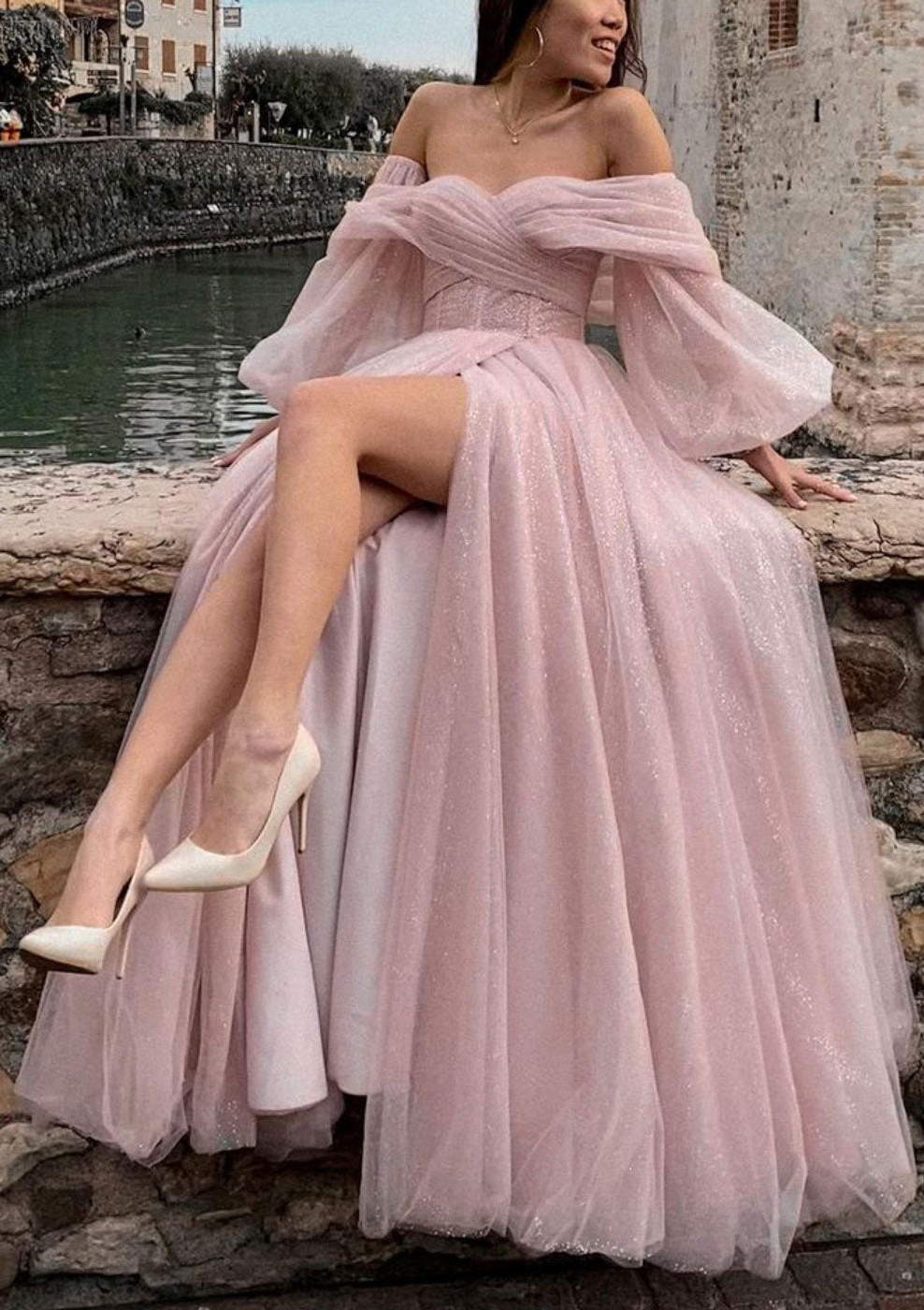 princess divine dresses Stacees 2026 Glitter Prom Dress Celadon Ruffled Floor Length A-line