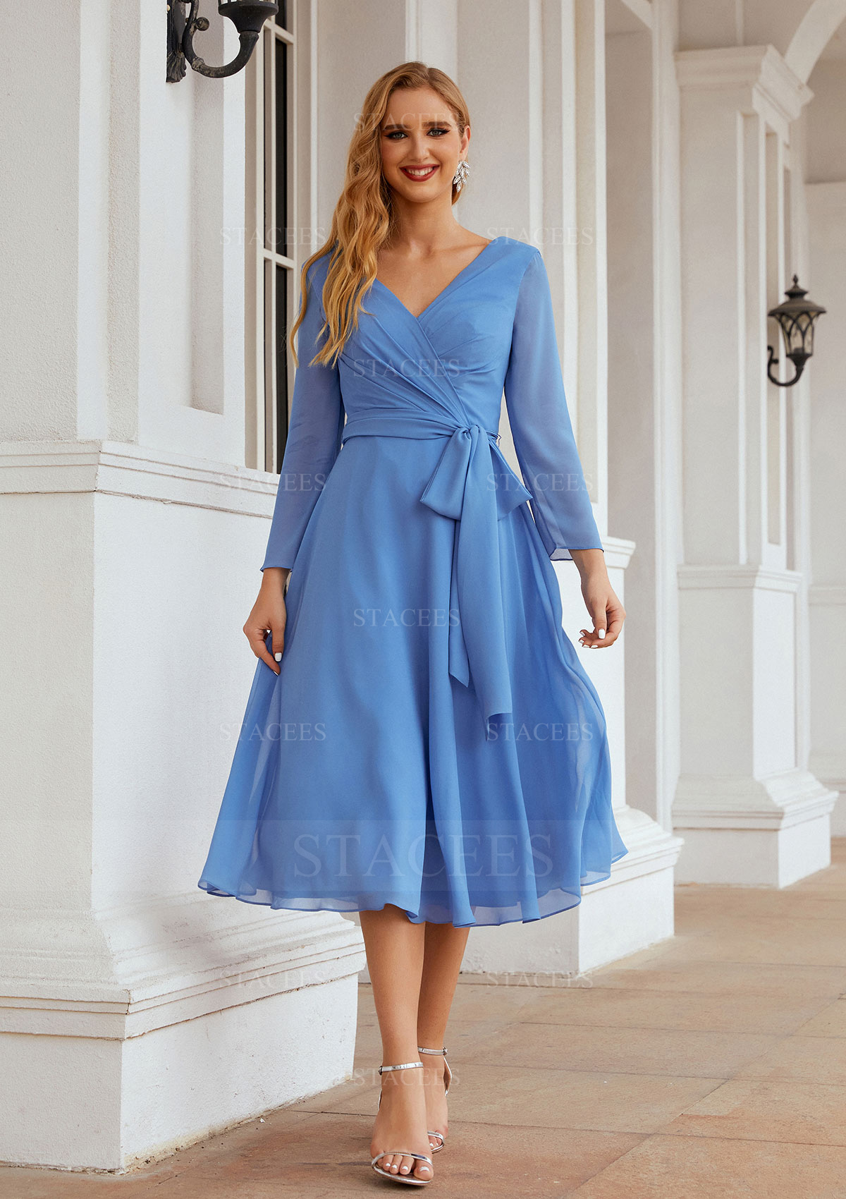 A-line V Neck Full/Long Sleeve Tea-Length Chiffon Mother of the Bride Dress With Pleated Waistband