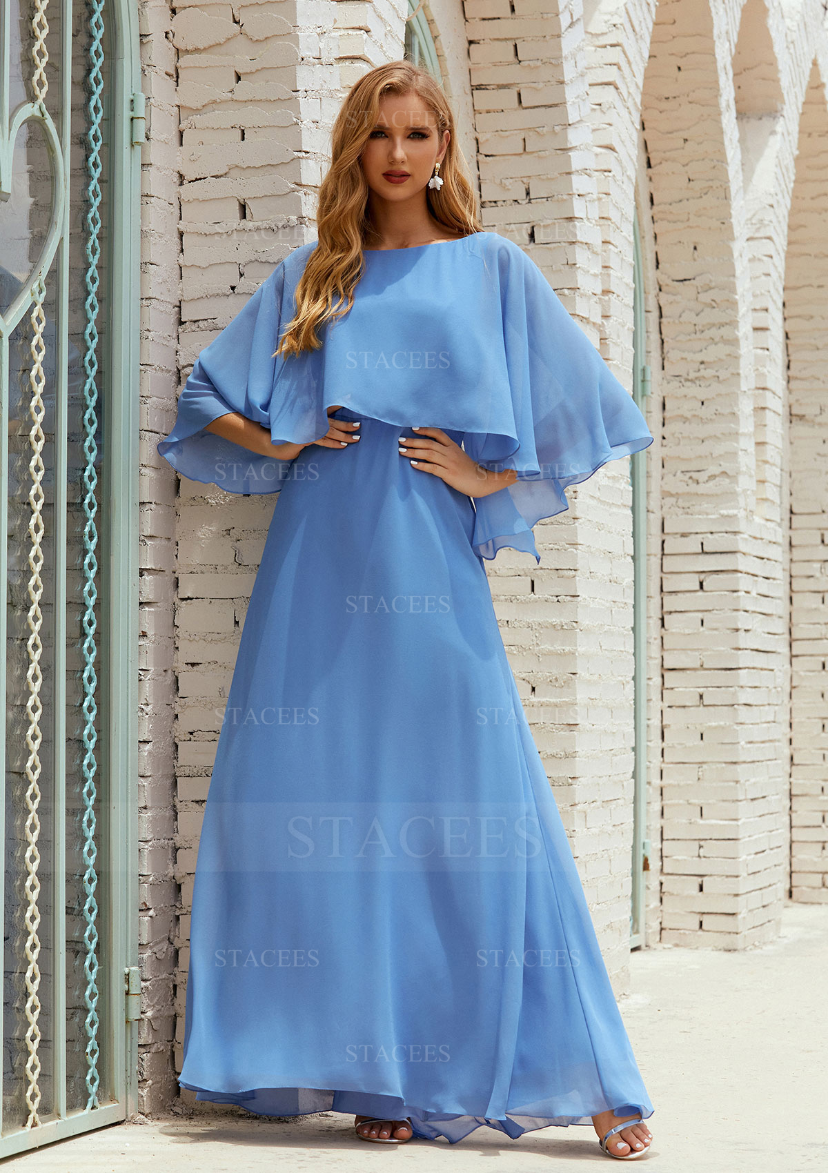 chiffon bell sleeve dress Stacees Mother of the Bride or Groom Dress A-line Scoop Neck Half Sleeve Chiffon Long/Floor-Length