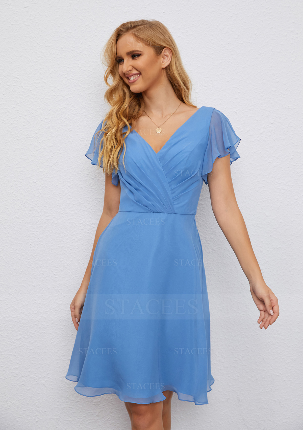 A-line V Neck Short Flutter Sleeves Chiffon Knee-Length Wedding Party Dress With Pleated