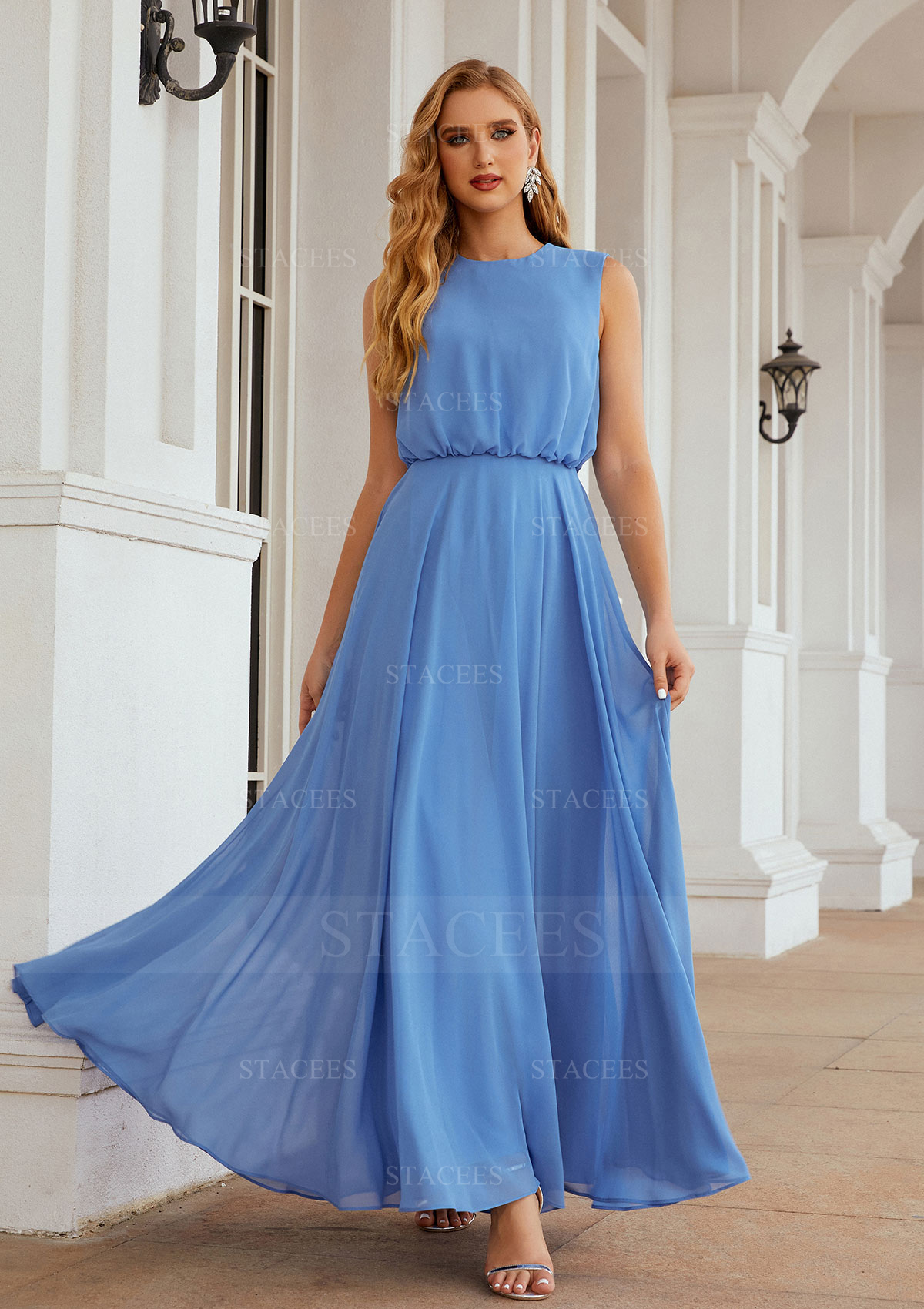 Vestido línea a escote redondo gasa hasta el suelo vestido de dama de honor