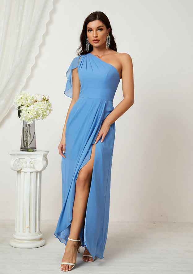 A-line One-Shoulder Sleeveless Chiffon Long/Floor-Length Bridesmaid Dress With Pleated Split
