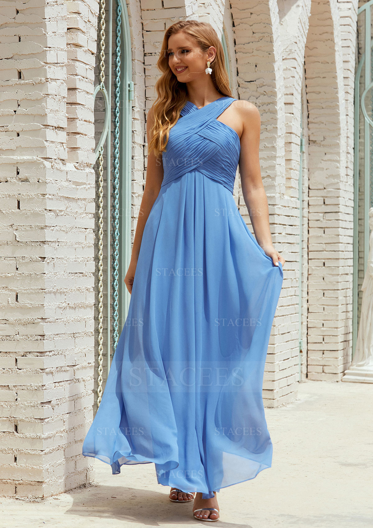 Vestido línea a corte imperial cuello halter gasa hasta el suelo vestido de dama de honor