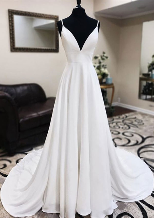 Chiffon Wedding Dress A-line/Princess Sleeveless V Neck Chapel Train With Lace Beading