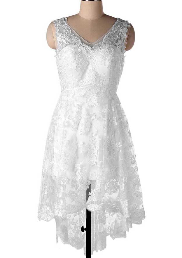 A-line V Neck Sleeveless Lace Satin Asymmetrical Wedding Dress