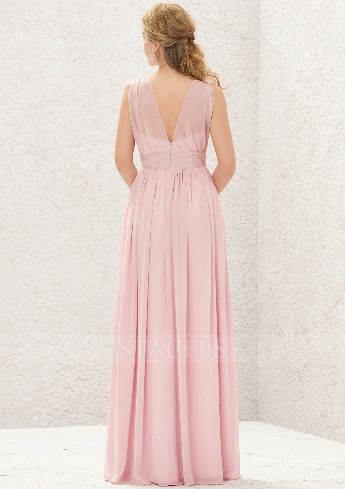 As picture Trapèze licou mousseline longueur ras du sol robe de demoiselle d'honneur rose clair - STACEES