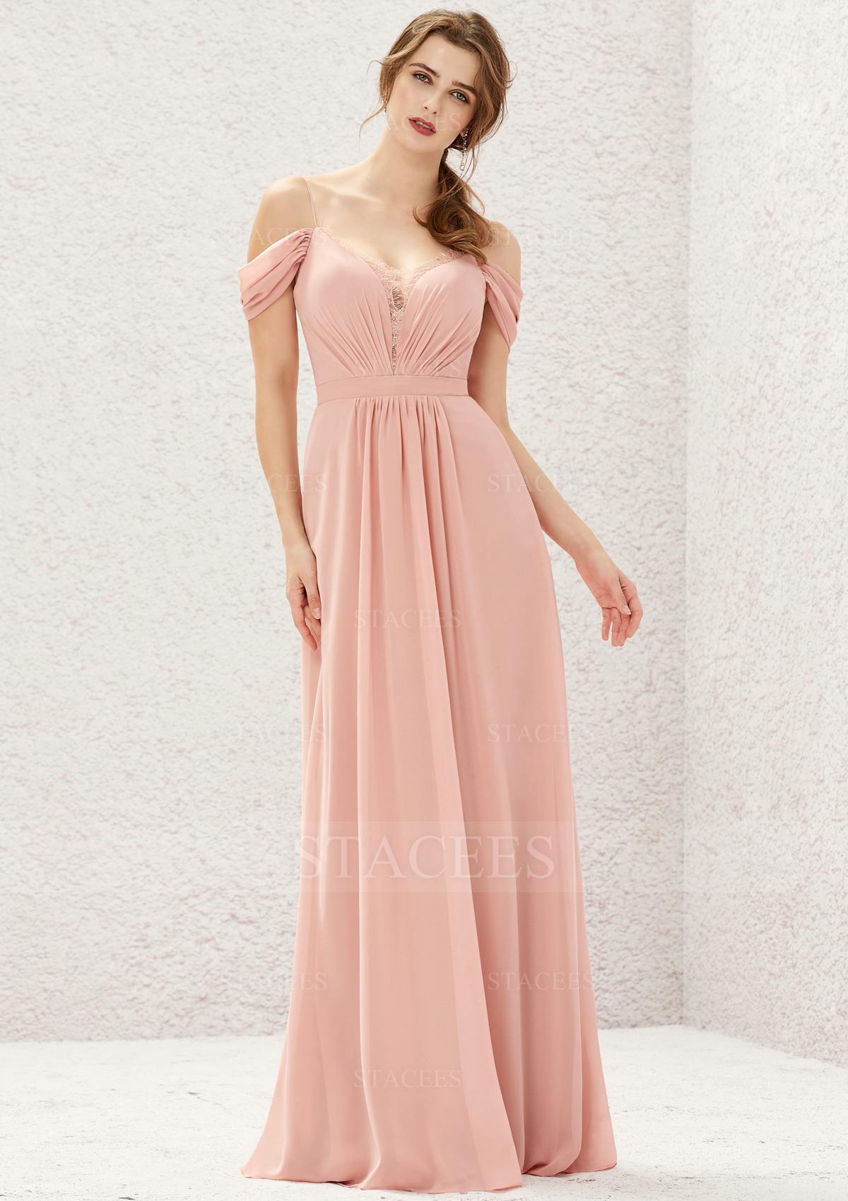 Dusty Pink A-line Sweetheart Sleeveless Chiffon Long/Floor-Length Bridesmaid Dress With Pleated Lace - STACEES