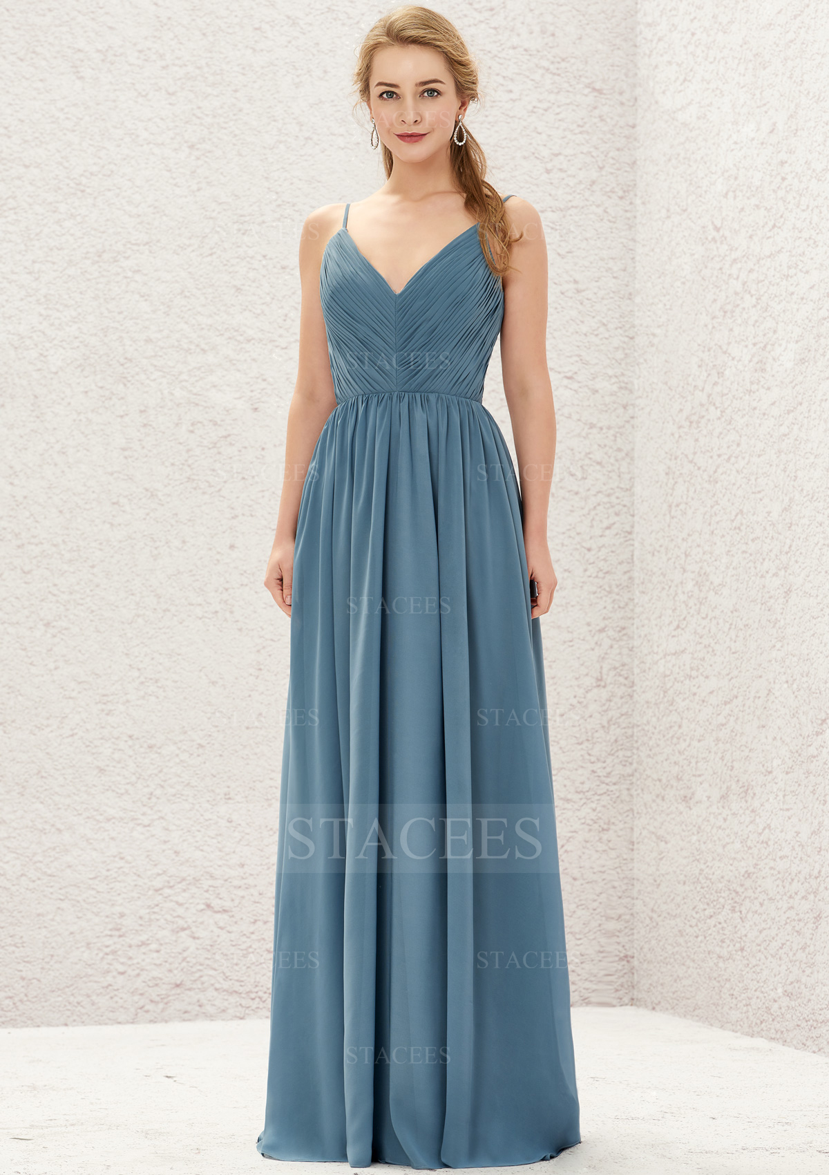 Vestido línea a escote en v gasa hasta el suelo vestido de dama de honor