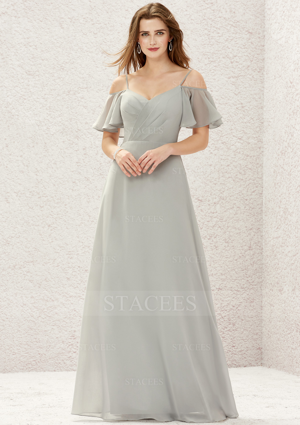 Plata Vestido línea a cuello de corazón gasa hasta el suelo vestido de dama de honor - STACEES