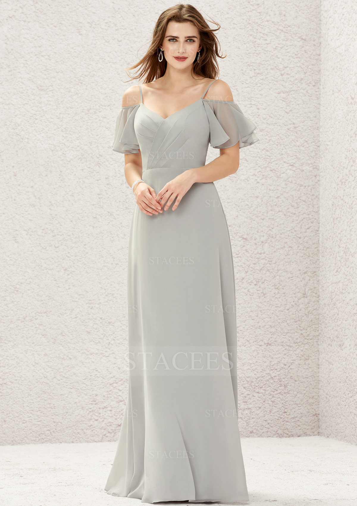 Argent Argent robe trapèze cache coeur mousseline ras du sol robe de demoiselle d'honneur  - STACEES