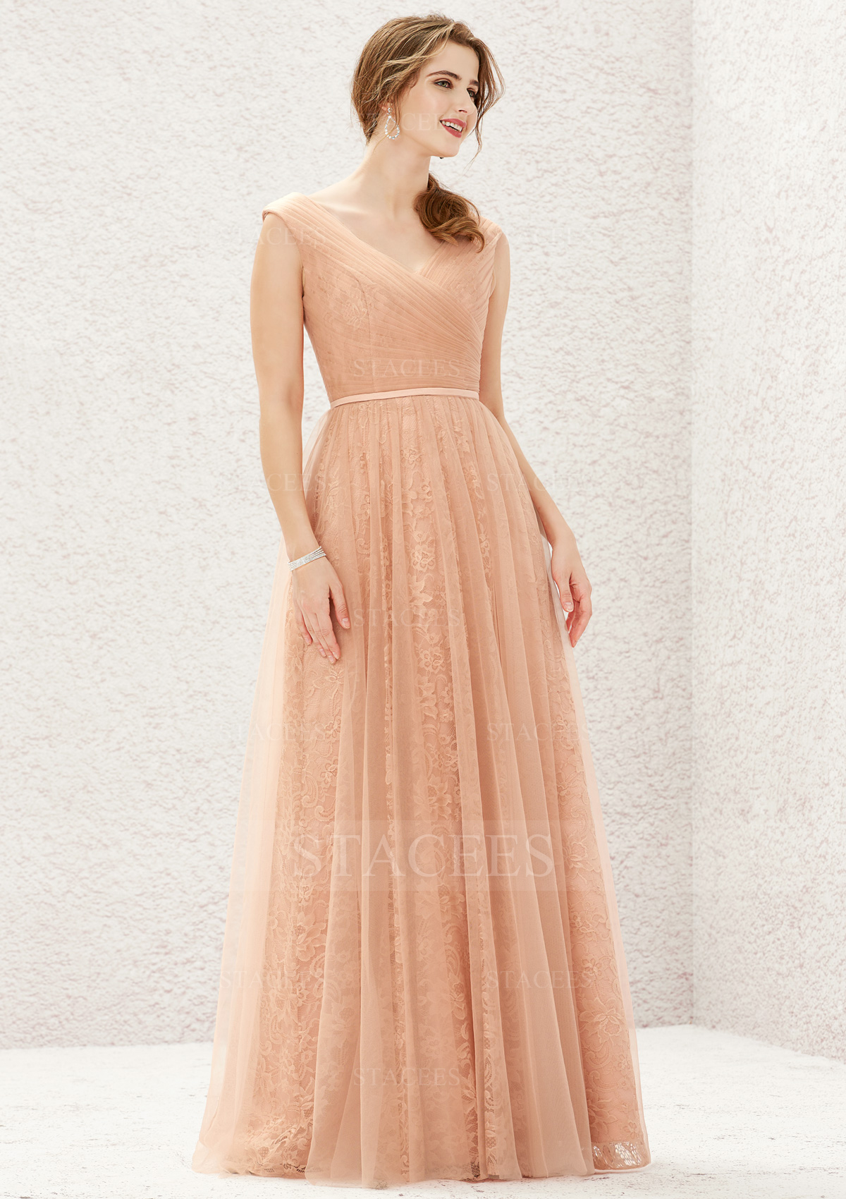 Rose Pale  Trapèze col en v dentelle tulle longueur ras du sol robe de demoiselle d'honneur rose pale avec plissé - STACEES