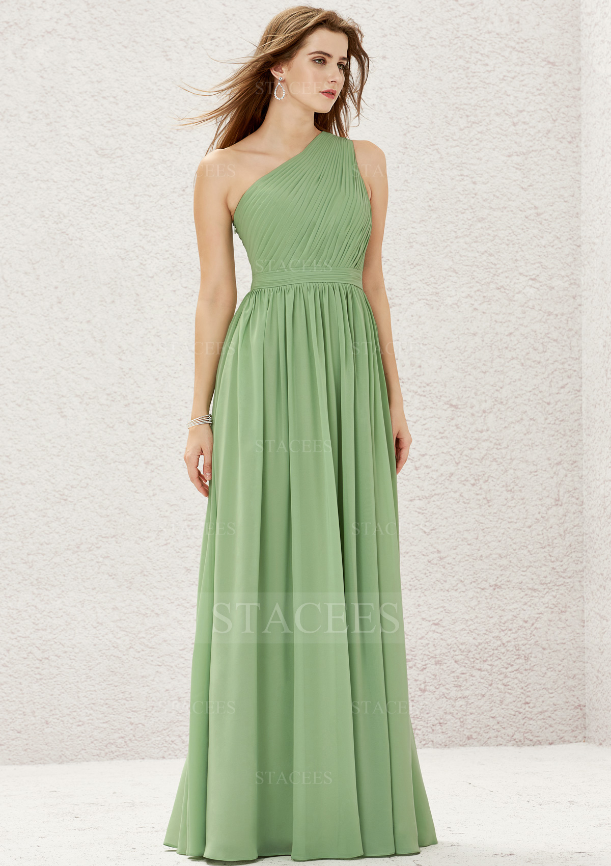 A-line One-Shoulder Sleeveless Long/Floor-Length Chiffon Bridesmaid Dress With Pleated
