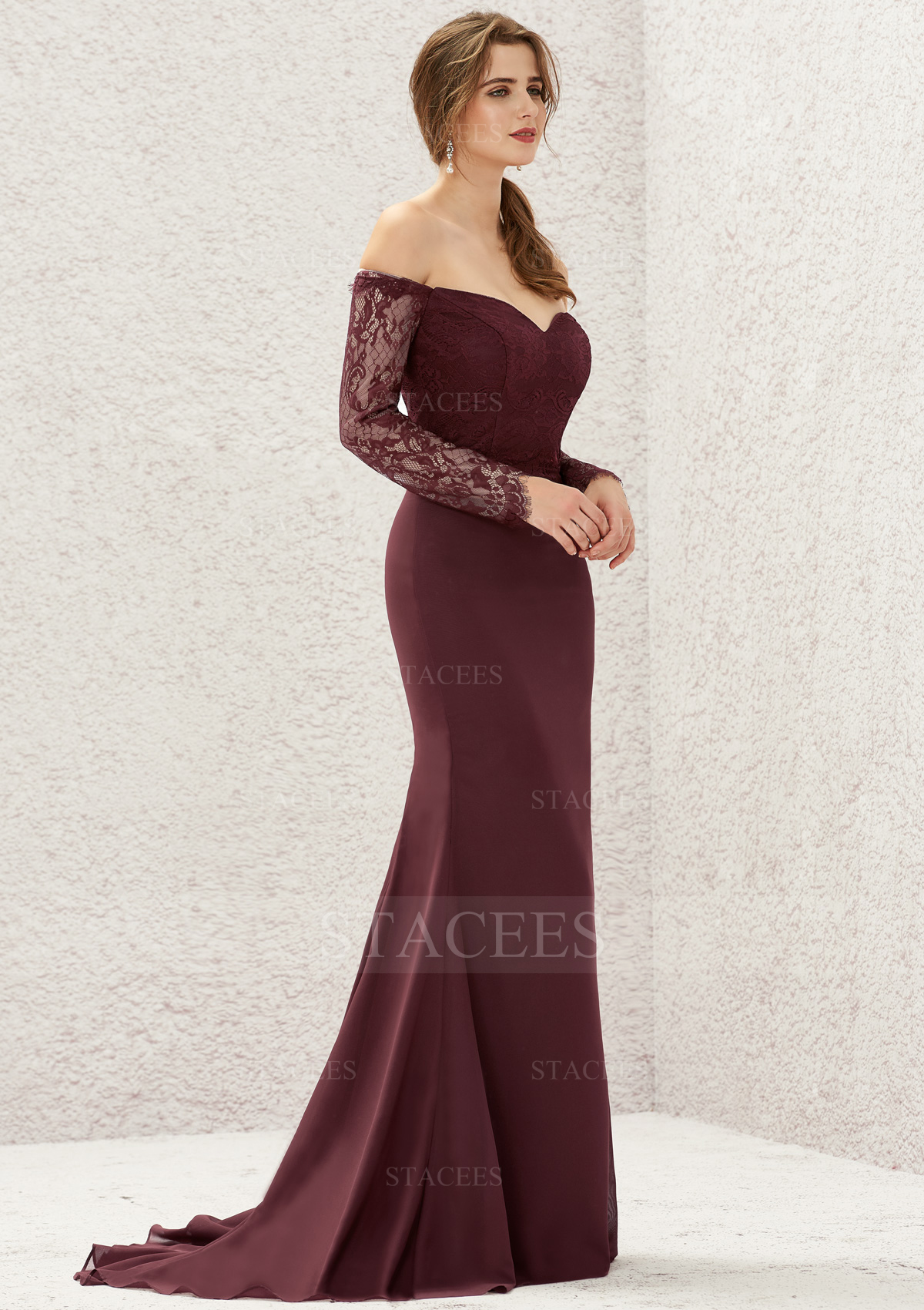 Stacees Bridesmaid Dress Trumpet/Mermaid Off the Shoulder 3/4 Sleeve Sweep Train Chiffon Pleated Lace