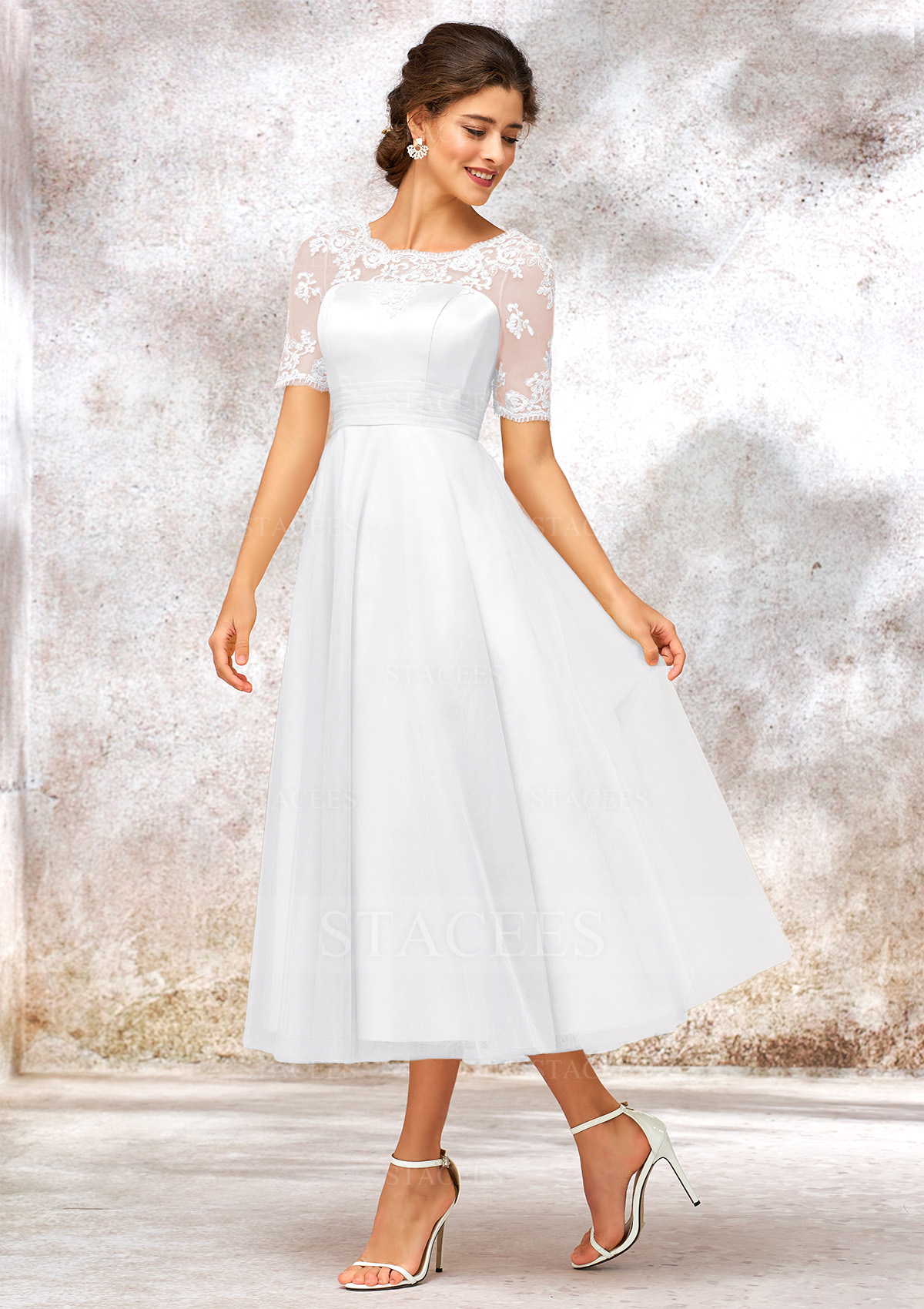 a line short wedding dresses A-line Spaghetti Straps Tea Length Wedding Dress MW916