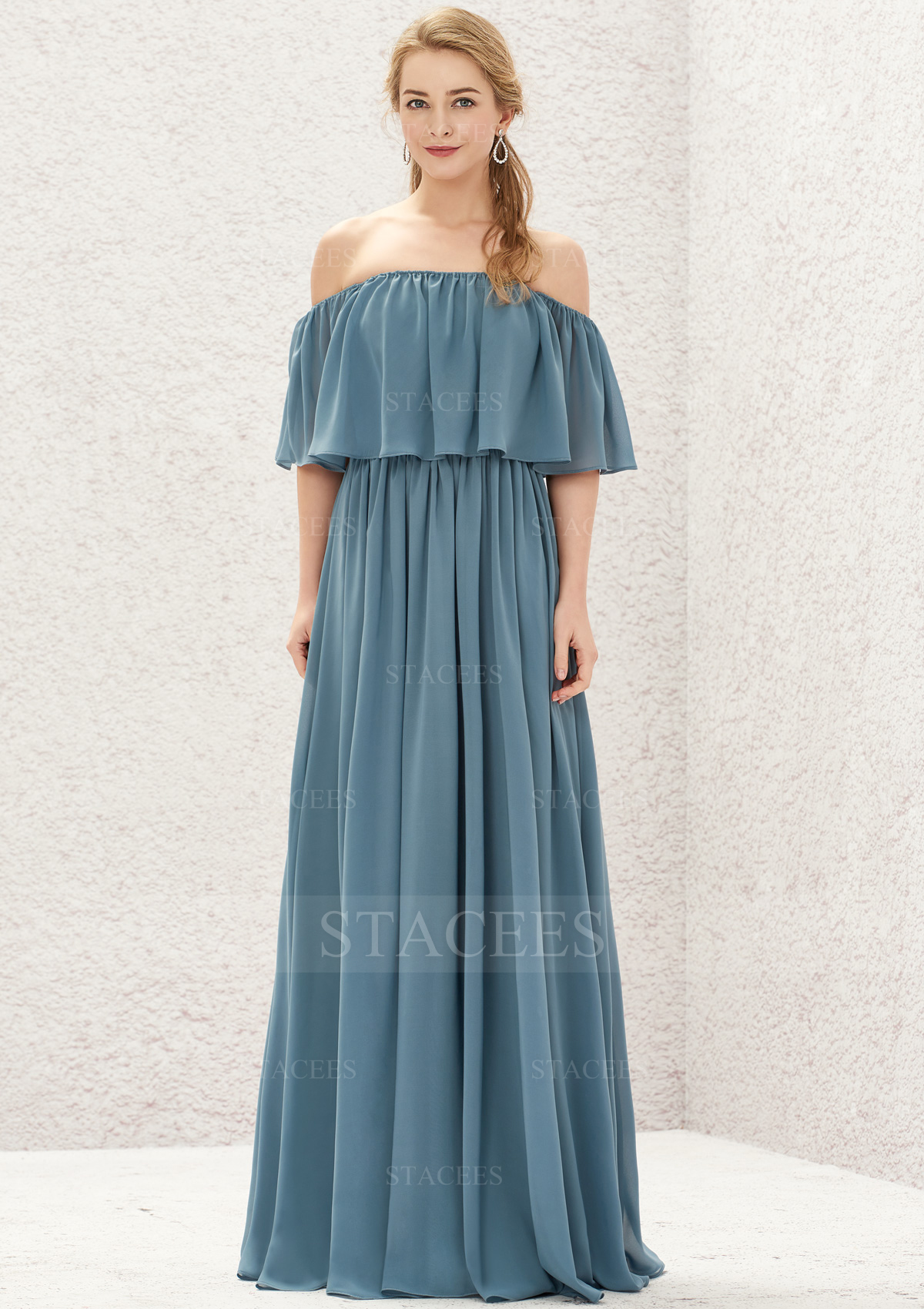 As picture A-line Off-the-Shoulder Sleeveless Long/Floor-Length Chiffon Bridesmaid Dress With Pleated - STACEES
