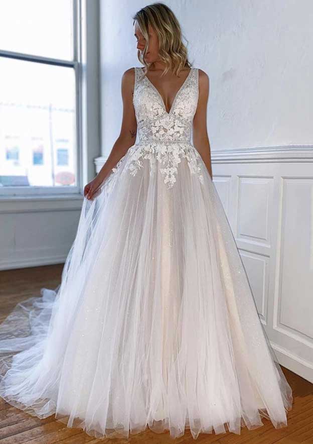 Princess A-line V Neck Sleeveless Sweep Train Organza Wedding Dress With Beading Lace