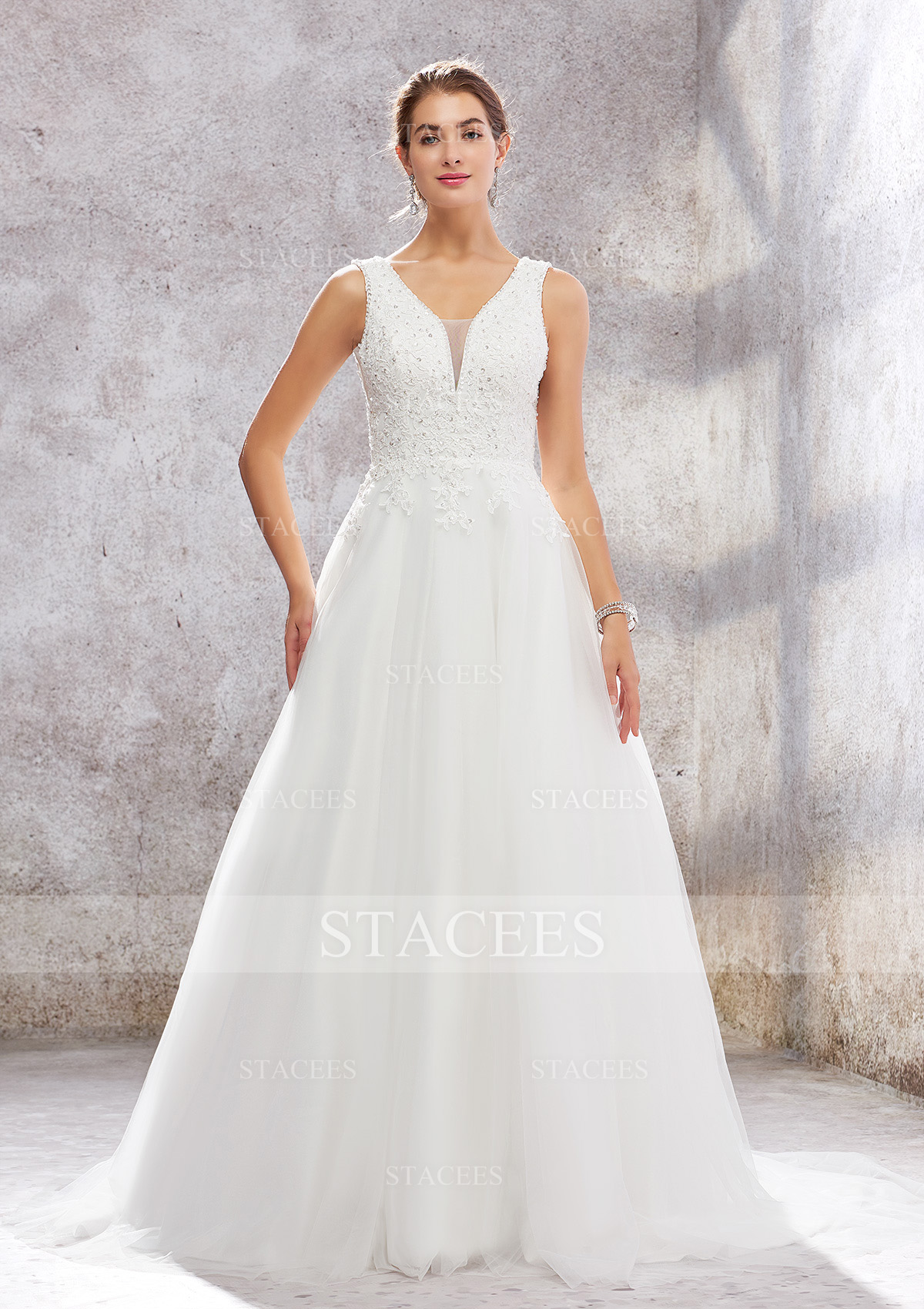 Ivory Ball Gown Princess V Neck Chapel Train Tulle Satin Wedding Dress With Lace Sequins - STACEES