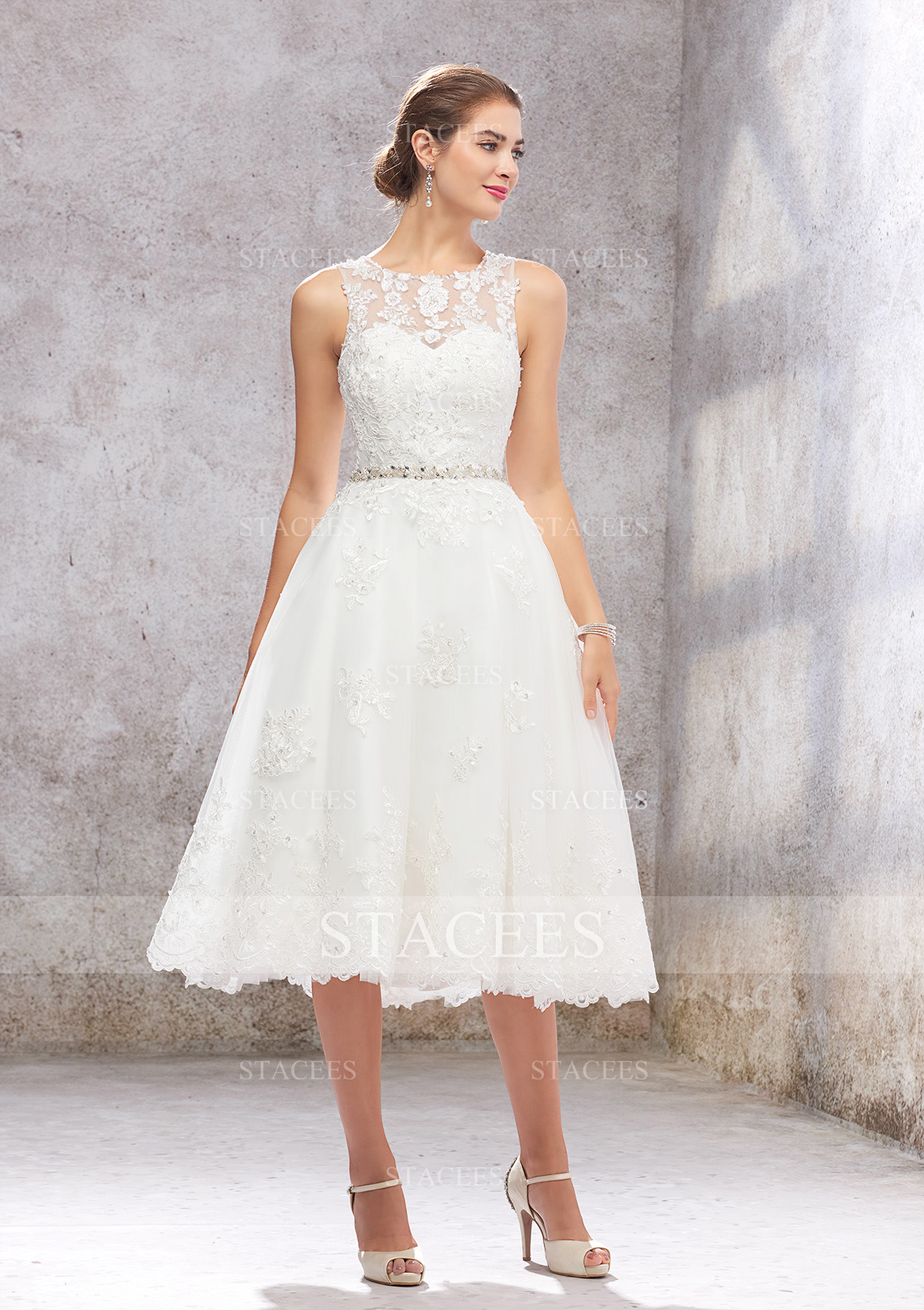 Ivory A-line Illusion Neck Tea-Length Tulle Lace Wedding Dress With Waistband Embroidery Crystal - STACEES