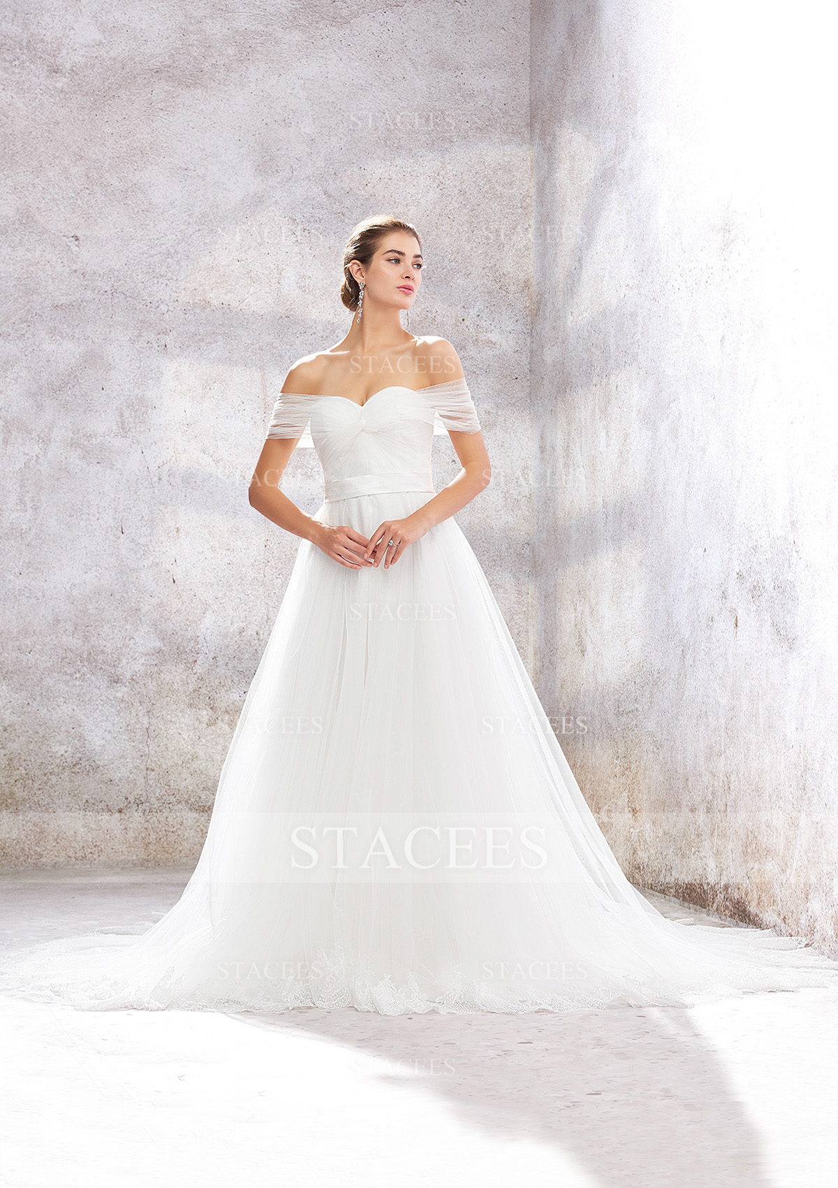Ivory Princess Ball Gown Off-the-Shoulder Sleeveless Chapel Train Tulle Wedding Dress With Ruffles Waistband - STACEES