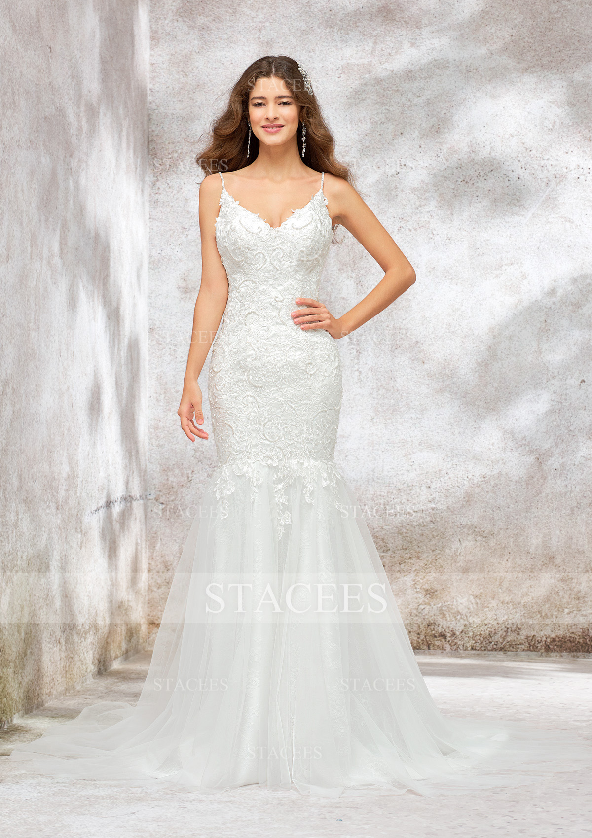 Ivoire Trumpette/Sirène traîne chapelle dentelle tulle robe de mariée avec appliques perle - STACEES