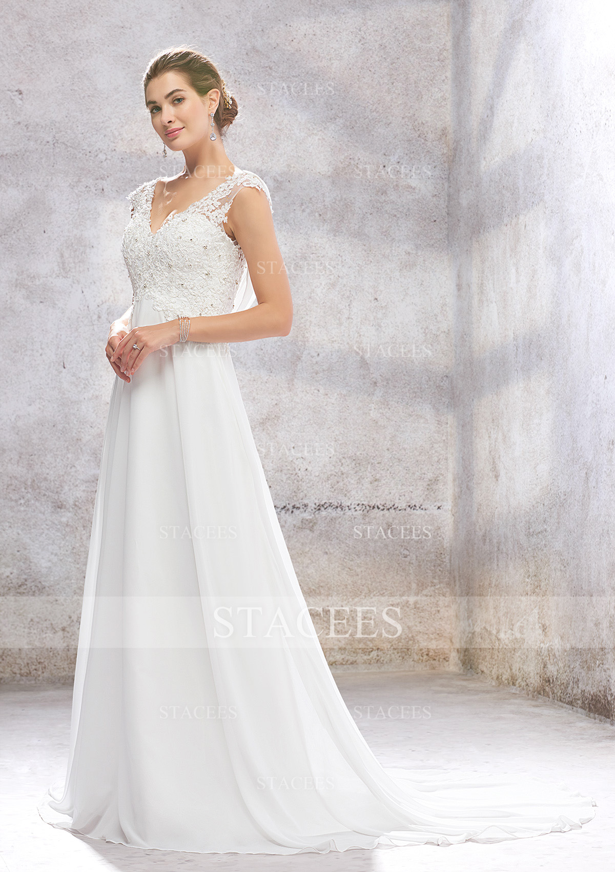 Ivory A-line Empire V Neck Sleeveless Sweep Train Chiffon Wedding Dress With Beading Sequins Appliques - STACEES