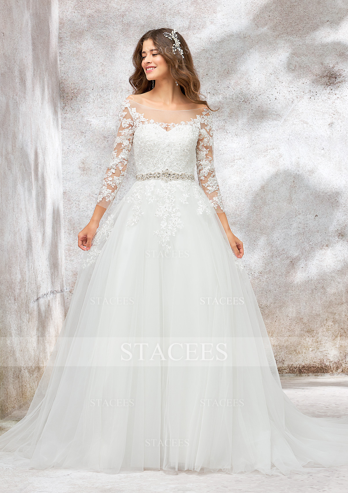 Ivory Ball Gown Illusion Neck Full/Long Sleeve Chapel Train Tulle Wedding Dress With Waistband Lace Beading Appliques - STACEES