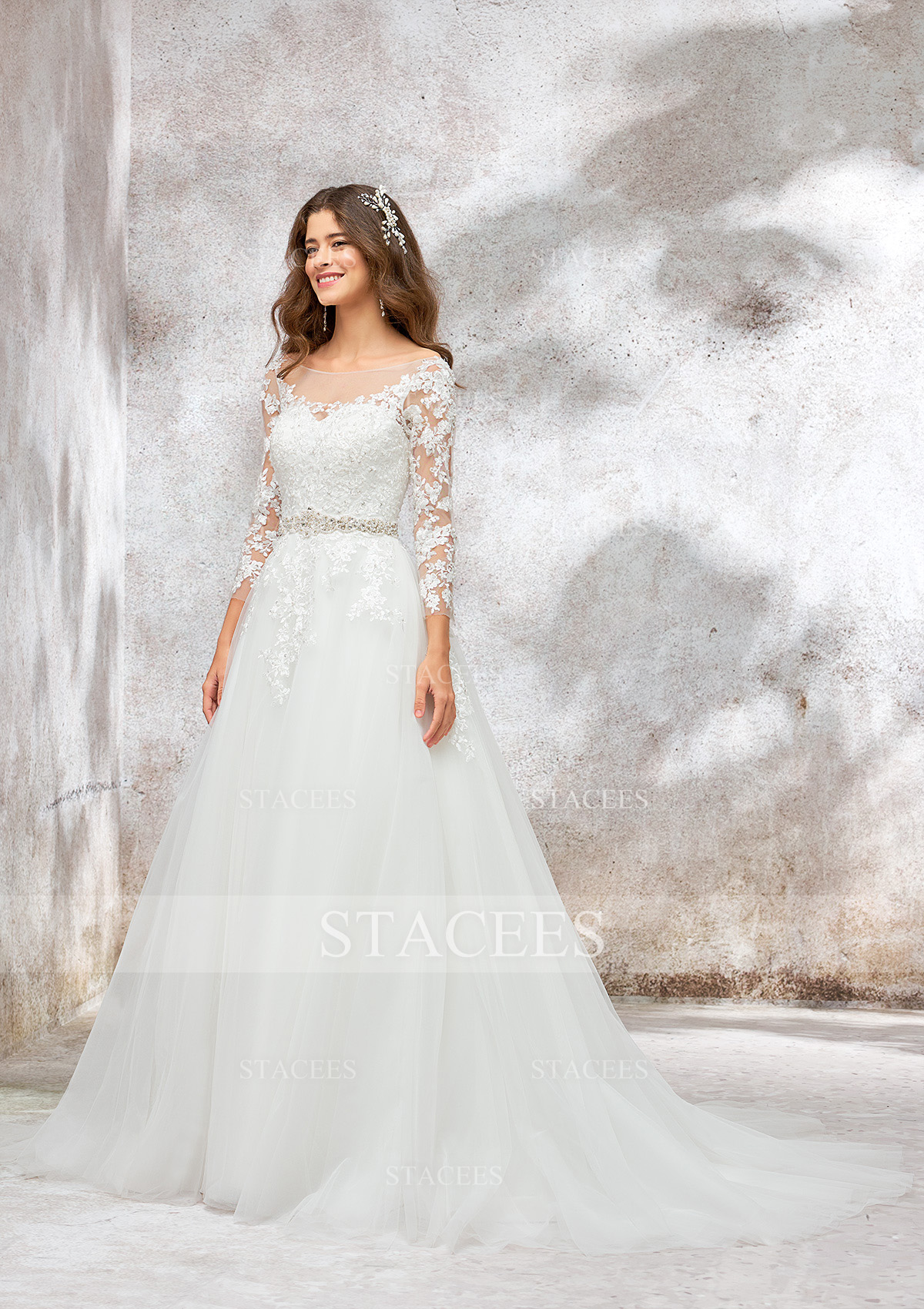 Ivory Ball Gown Illusion Neck Full/Long Sleeve Chapel Train Tulle Wedding Dress With Waistband Lace Beading Appliques - STACEES