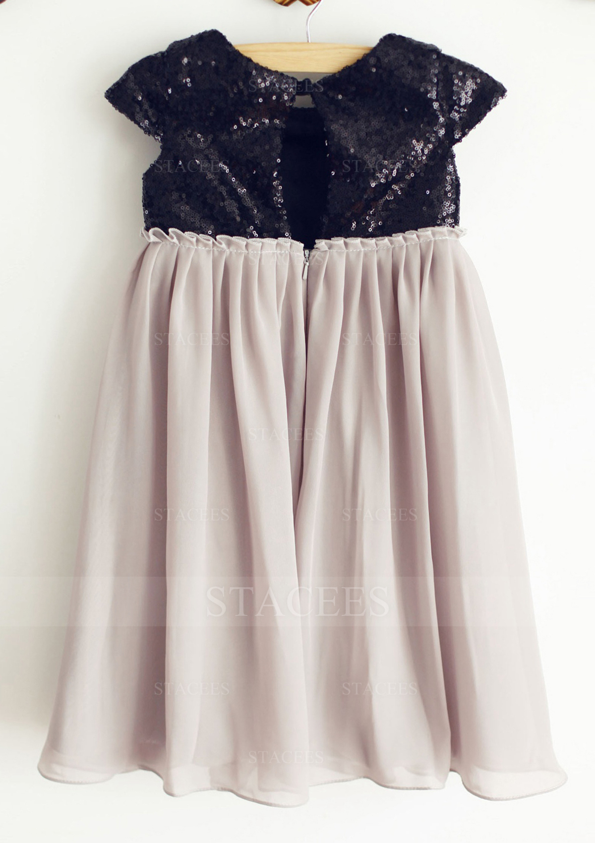 As Picture A-line/Princess Short Sleeve Cowl Neck Knee-Length Chiffon Sequined Flower Girl Dress - STACEES