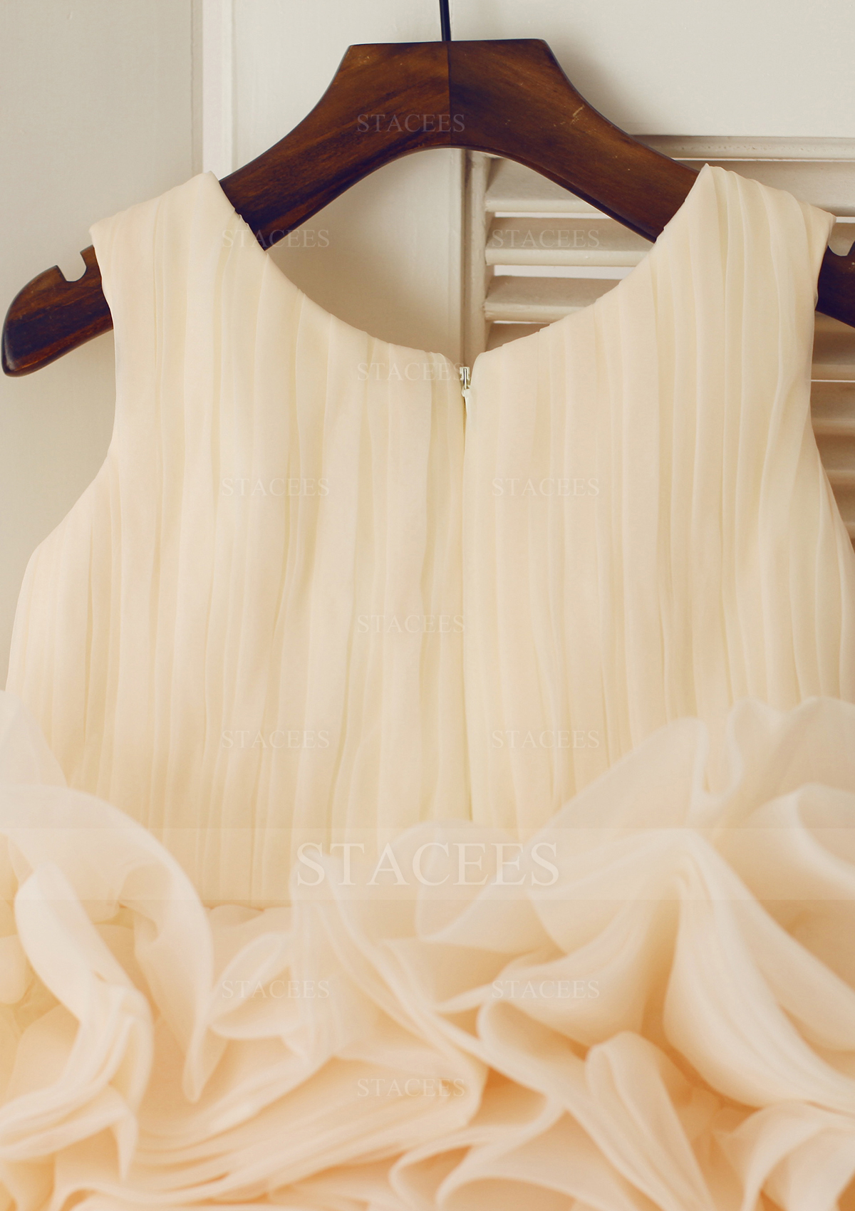 Champagne Ball Gown Scoop Neck Knee-Length Organza Wedding Party Dress With Ruffles - STACEES