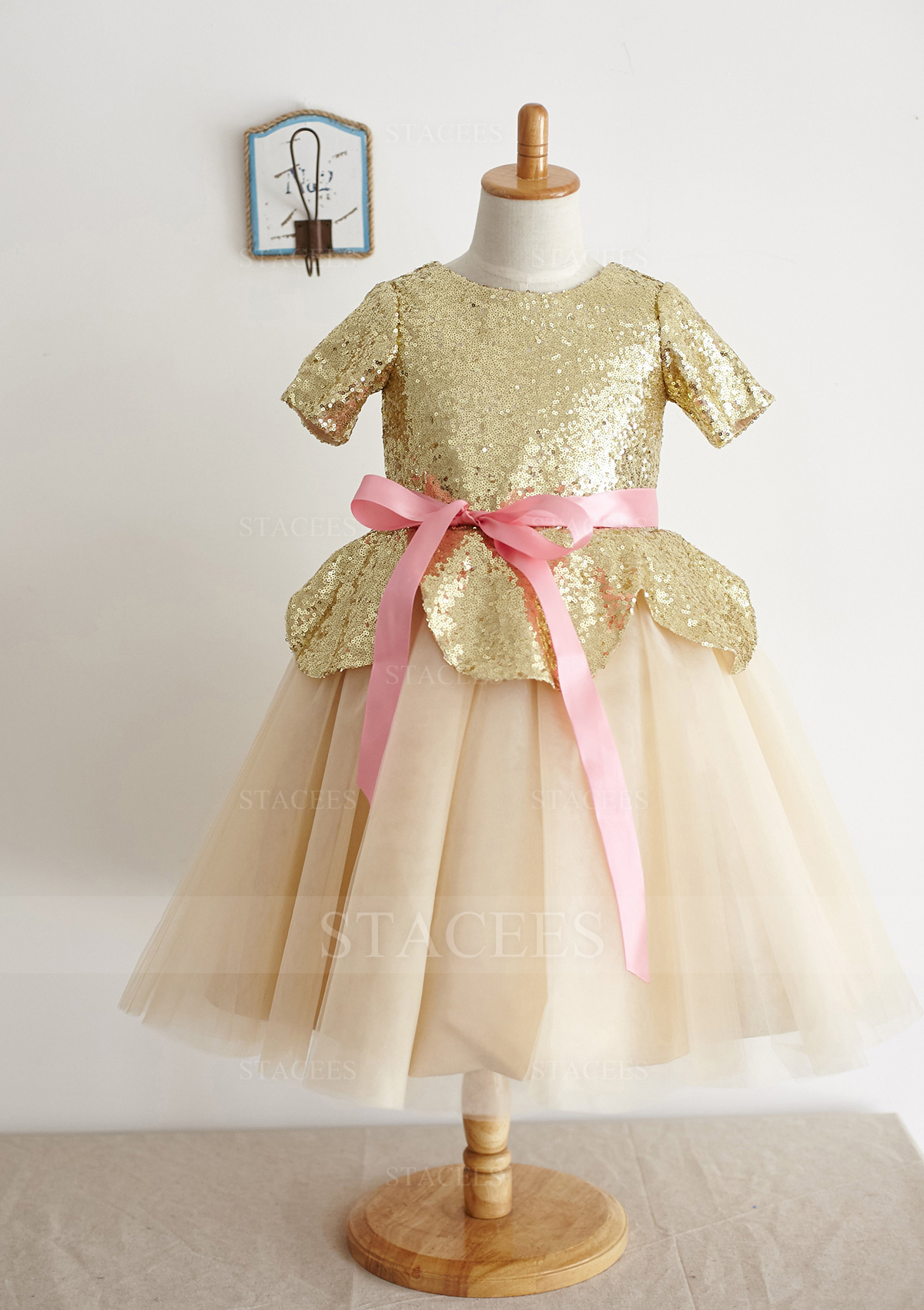 Champagne A-line/Princess Short Sleeve Scoop Neck Knee-Length Tulle Sequined Flower Girl Dress With Sashes - STACEES