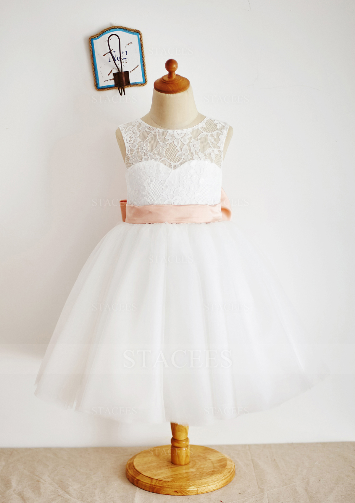 Blanc Trapèze/Princesse scoop dentelle tulle longueur mollet robe de fille de fleur  - STACEES