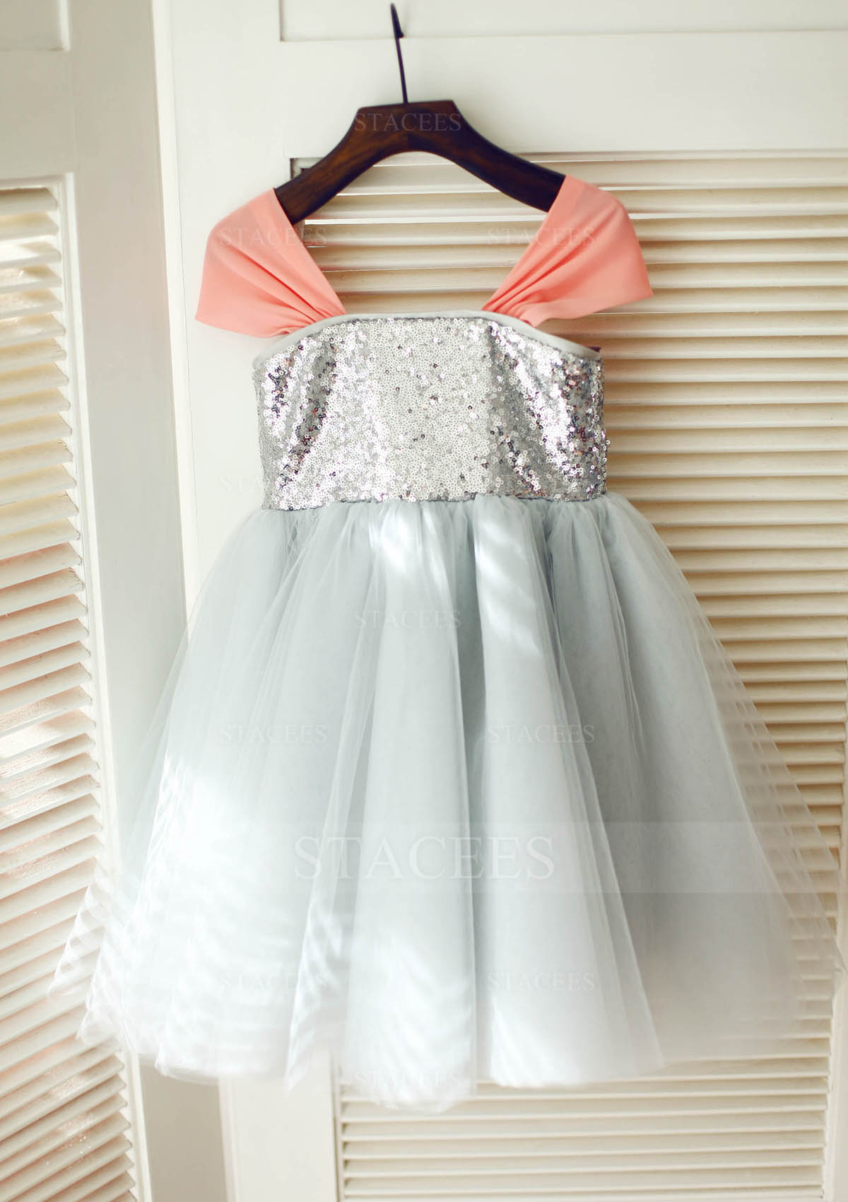 Silver A-line/Princess Square Neckline Knee-Length Tulle Sequined Flower Girl Dress  - STACEES